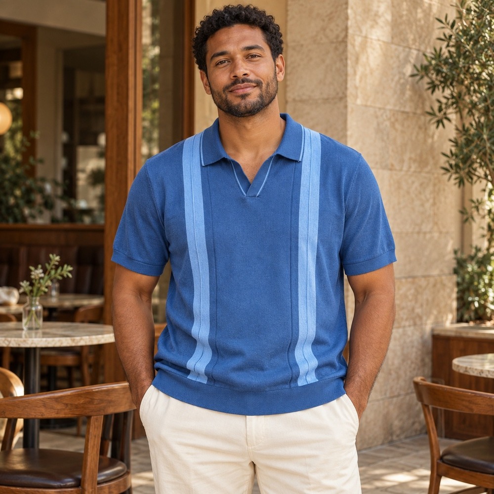 Eight Bells Mens XL Blue Striped Knit Polo Shirt Johnny Collar Retro Mid Century